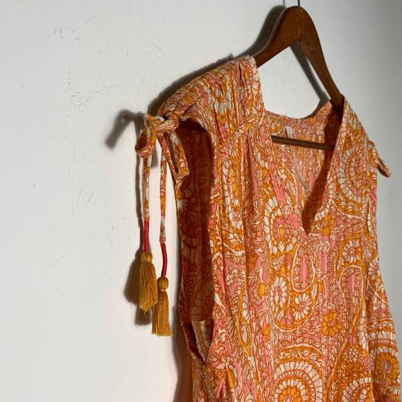 Womens Anthropologie Shirred Cap Sleeve Tassel Blouse, Orange, Size S EUC! - Picture 4 of 5